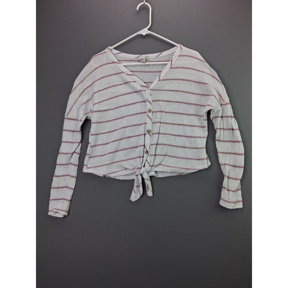 Paper Crane Cardigan Top Waffle Knit Tie Front Size M White Pink Striped V-Neck